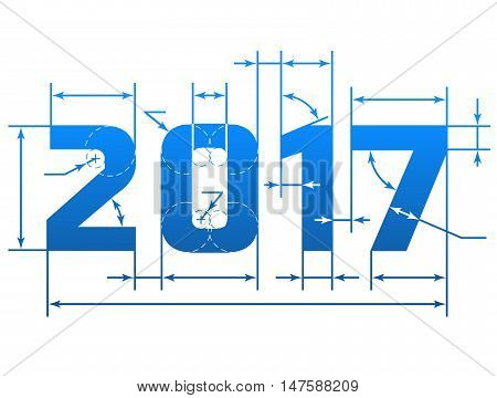 New Year 2017 number with dimension lines. Element of blueprint drawing in shape of 2017 year. Vector design element for new years day christmas winter holiday engineering new years eve etc