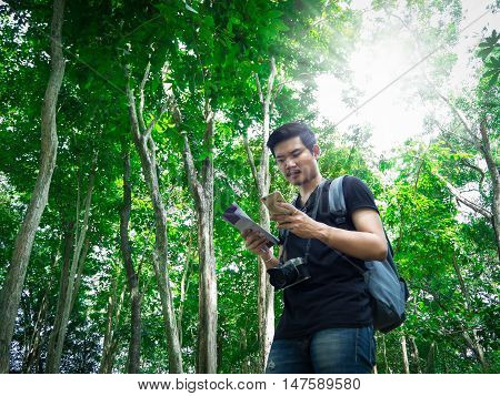 A man backpack trying to find their way. Frustrated young man examining map leaning at forest. and sun light on above in cold season