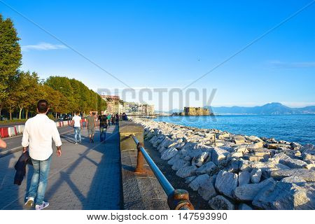 Naples, Italy - October 4, 2015. Panoramic View Seafront Francesco Caracciolo.