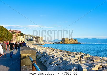 Naples, Italy - October 4, 2015. Panoramic View Seafront Francesco Caracciolo.