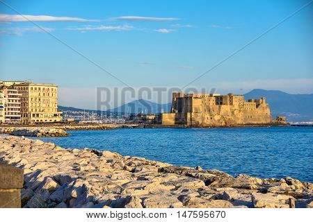 View of Dell'Ovo Castle from seafront Francesco Caracciolo. Naples, Italy.