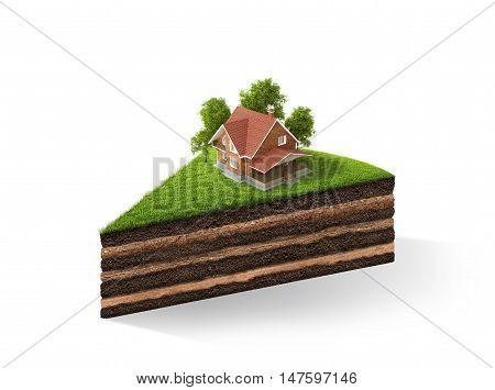 3d illustration of cross section of ground with grass isolated on white. 3D rendering