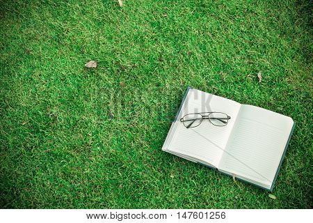 Books on the grass in the park Vintage Tone