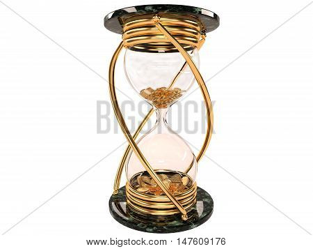 time is money hourglass with gold coins on a white background