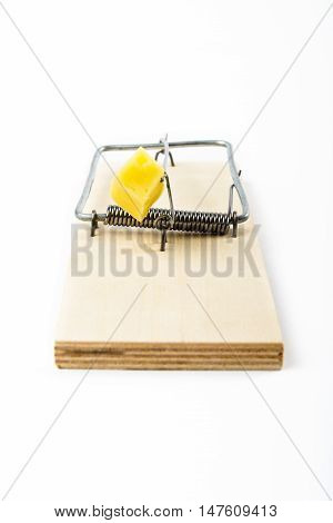 Mousetrap with cheese isolated on white background