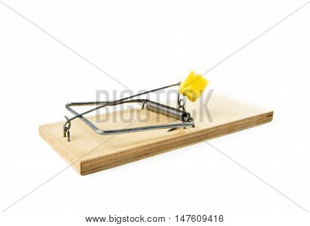 Mousetrap with cheese isolated on white background