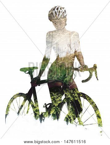Silhouette of a naked woman with bicycle combined with a nature. Double exposure on a white background