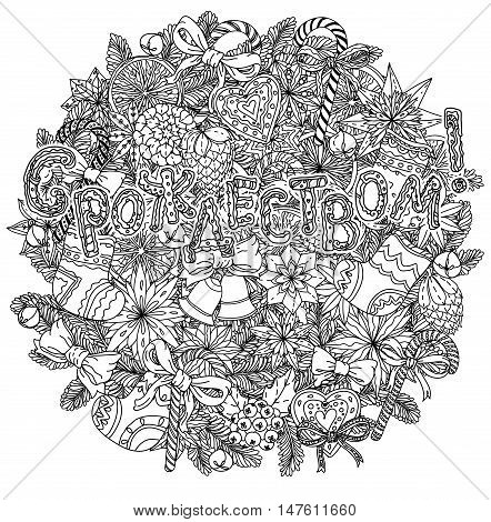 Russian Ney Year and Orthodox Xmas. Cyrillic. Russian text English translation: Happy New Year and Merry Christmas. White background in zen adult coloring book style. Hand-drawn, stylish doodle
