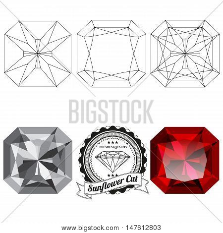Set of sunflower cut jewel views isolated on white background - top view bottom view realistic ruby realistic diamond and badge. Can be used as part of logo icon web decor or other design.