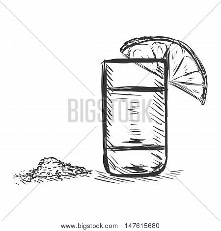 Vector Sketch Shot Of Tequila With A Lime And Salt