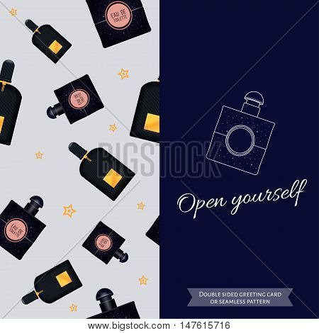 Double sided modern greeting card for fashionable women. Seamless pattern. Women fragrance. Eau de toilette. Perfume for female. Vector illustration