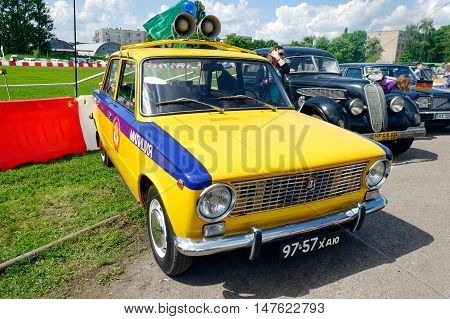 Kharkiv Ukraine - May 22 2016: Soviet retro police car VAZ-2101 manufactured between 1970 and 1988 is presented at the festival of vintage cars Kharkiv Retro Rally - 2016 in Kharkiv Ukraine on May 22 2016