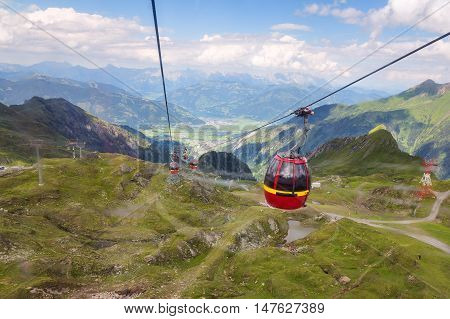 Cable car cabin on the way to Glassier in Austrian Alps