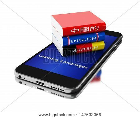 3d Illustration. Smartphone with textbooks. Learning languages. Isolated white background.