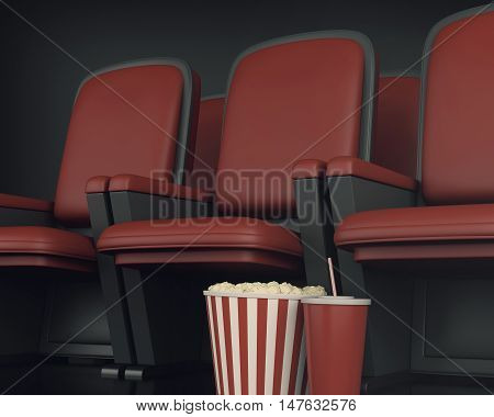 3d illustration. Cinema clapper board and popcorn on theater seat. cinematography concept.