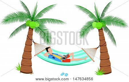 vector illustrationman chilling using laptop in a hammock on beach under two coconuts treecartoon flat style