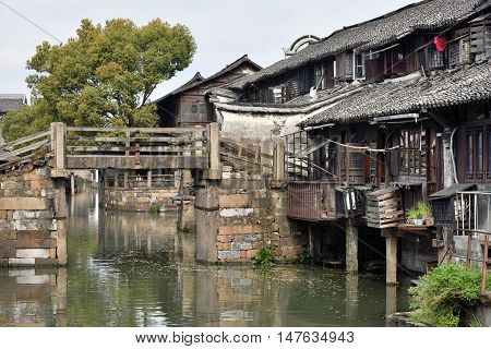 WUZHEN CHINA - MARCH 24: Old Town of Wuzhen on March 24 2016 in Wuzhen China. Wuzhen is a historic scenic town located in northern Zhejiang Province China