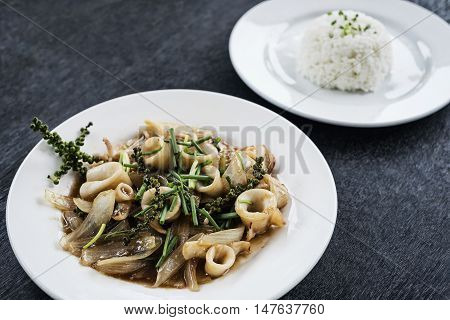 fresh squid and kampot green pepper stir fry traditional asian cambodian seafood meal