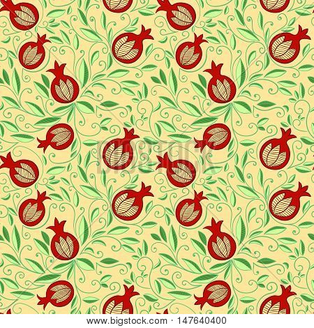 Pomegranate seamless pattern. Floral vector reapet background. Floral pattern with decorative pomegranate fruits and leaves.