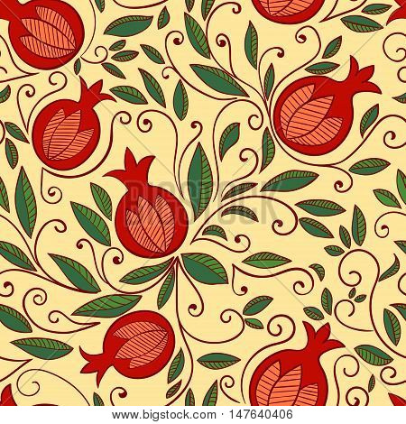 Pomegranate seamless pattern. Floral vector reapet background. Floral pattern with decorative pomegranate fruits and leaves.