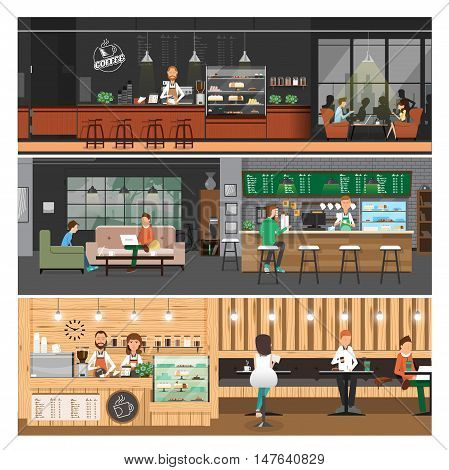 Illustration of Cafe interior Bannerpeople inside coffee shopcounter barcartoon flat style