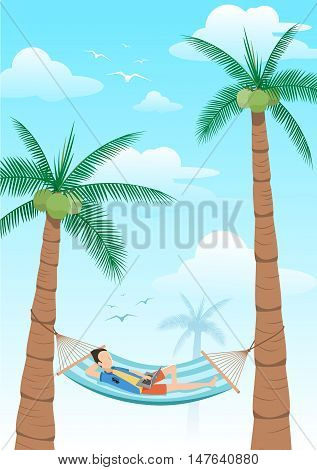 illustrationman chilling using laptop in a hammock on beach under two coconuts treecartoon flat style