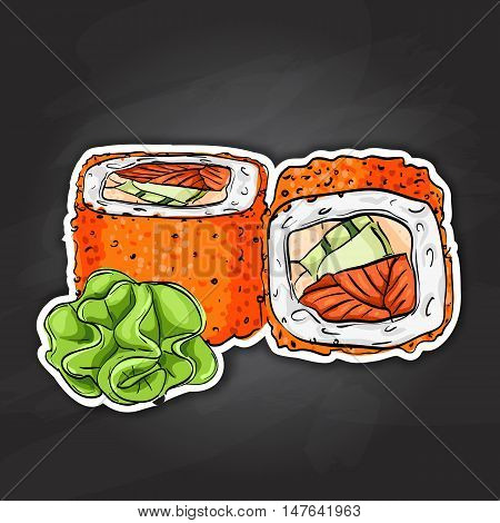California rolls with tobiko, shrimp or tuna and avacado. Sushi rolls set icons. Vector sushi color sticker