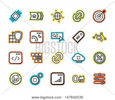 Outline icons thin flat design, modern line stroke style, web and mobile design element, objects and vector illustration iconsset 22 - SEO and Development collection
