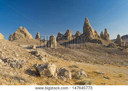 Trona Pinnacles are nerarly 500 tufa spires hiddeen in California Desert National Conservation Area, not far from the Death Valley National Park, California, USA. 