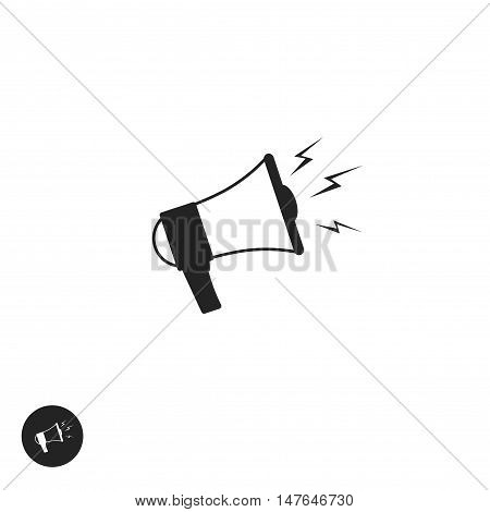 Megaphone vector icon isolated on white background, flat cartoon black and white bullhorn pictogram, speaking trumpet symbol