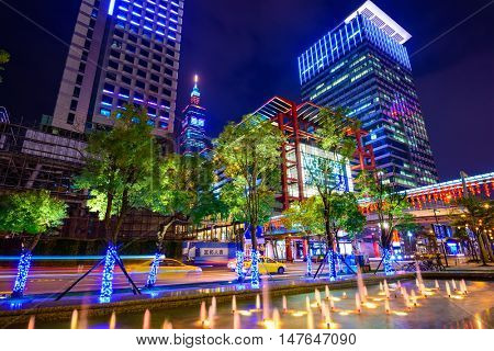 TAIPEI, TAIWAN - JANUARY 14, 2013: Office buildings in downtown Taipei in the Xinyi District. The district is the prime shopping area of Taipei.