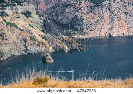 The Coast At The Cape Fiolent. Top View On Sea And Rocks. Crimea