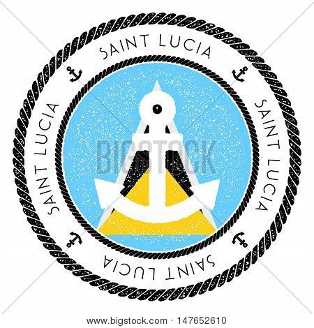 Nautical Travel Stamp With Saint Lucia Flag And Anchor. Marine Rubber Stamp, With Round Rope Border