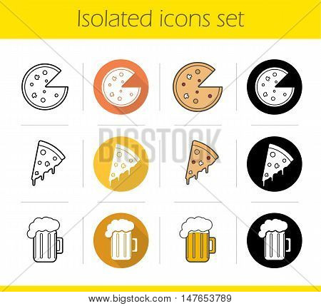Pizzeria icons set. Flat design, linear, black and color styles. Pizza slice, foamy beer mug. Isolated vector illustrations
