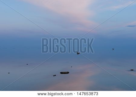 Evening sunlight on coast pink clouds blue sky reflection on water. Beach in summer. Seaside natural environment. Shore in Osmussaar Island Nature Reserve in Estonia National Park in Europe