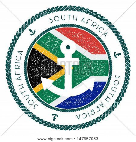 Nautical Travel Stamp With South Africa Flag And Anchor. Marine Rubber Stamp, With Round Rope Border