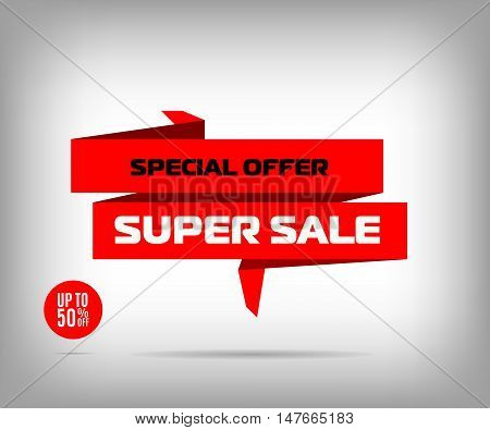 Sale red ribbon banner design. Discount poster special offer. Vector illustration eps 10