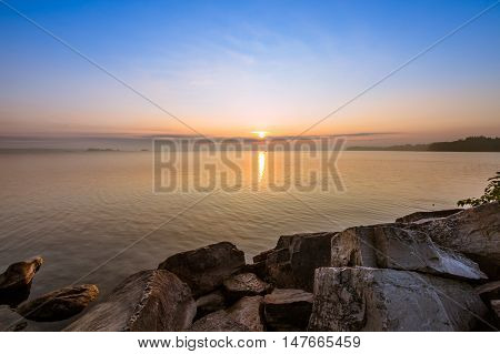 View of Simcoe lake during sunrise from Sibbald Point Provincial Park, Ontario, Canada
