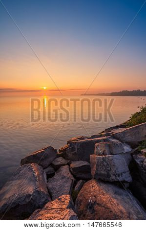 View of Simcoe lake during sunrise from Sibbald Point Provincial Park, Ontario, Canada