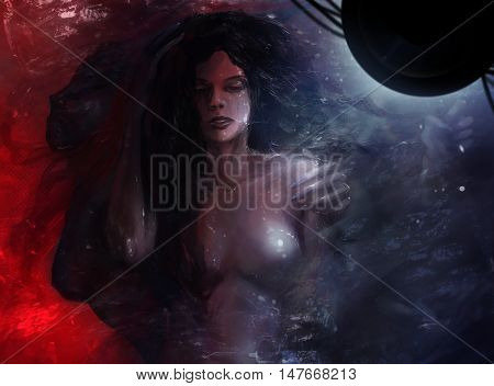 Fantasy artwork of mermaid creatures laying on a dark turbid water surface under lamp lights.