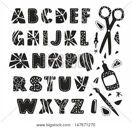 Stock vector hand drawn creative alphabet for your design. Black print on white background