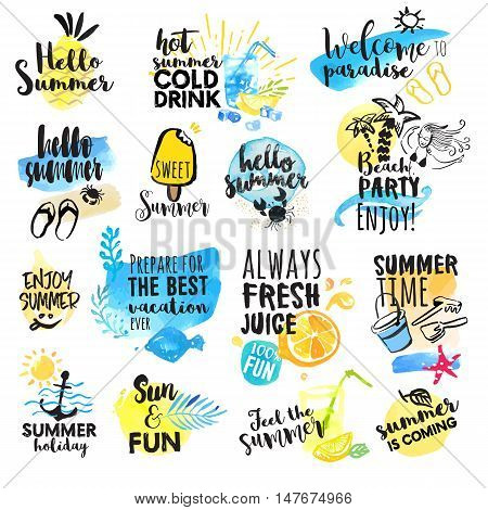 Set of hand drawn watercolor summer signs. Vector illustrations for summer holiday, travel agency, restaurant and bar, menu, sea and sun, beach vacation and party.