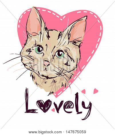 Love cats, cat, kitten, cute cat sketch vector illustration, print design cat