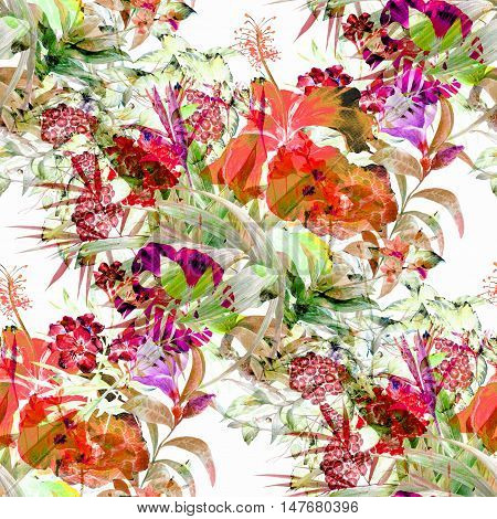 Watercolor painting of leaf and flowers seamless pattern on white background