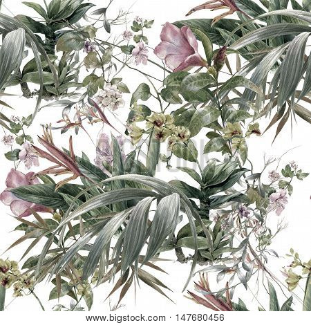 Watercolor painting of leaf and flowers seamless pattern on white background