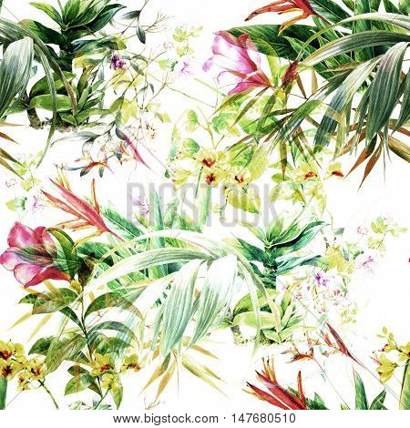 Watercolor painting of leaf and flowers seamless pattern on white background