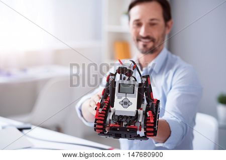Amazing results. Happy scientist presenting his new work in robotics technology