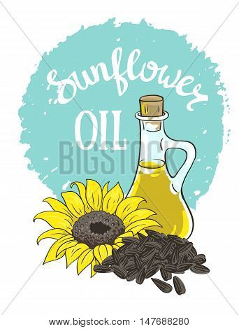 Vector hand drawn yellow sunflower sunflower seeds and glass jug with oil.