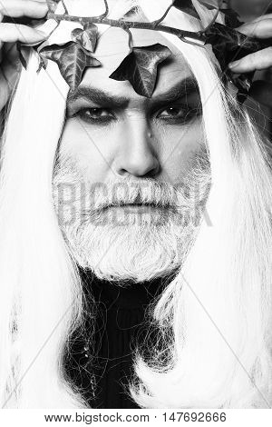 Zeus god or jupiter with vine crown. Mythology ancient Greece black and white