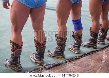 Ulaanbaatar, Mongolia, October 2016: Traditional shoes of mongolian wrestles